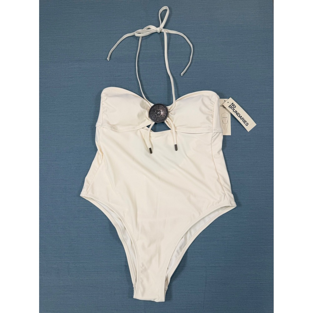 No Boundaries Ivory Cheeky High Leg One Piece Swimsuit Western Medallion L 12-14